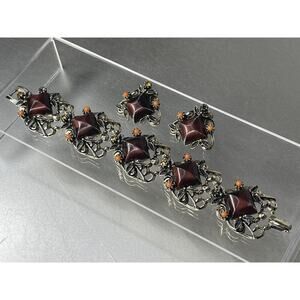 Vintage Chunky Clasp Bracelet Statement Jeweled Maroon & Matching Clip Earrings